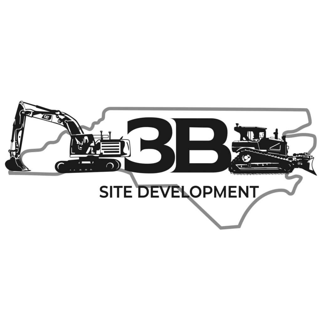 3B Site Development logo with excavator and bulldozer inside North Carolina outline.