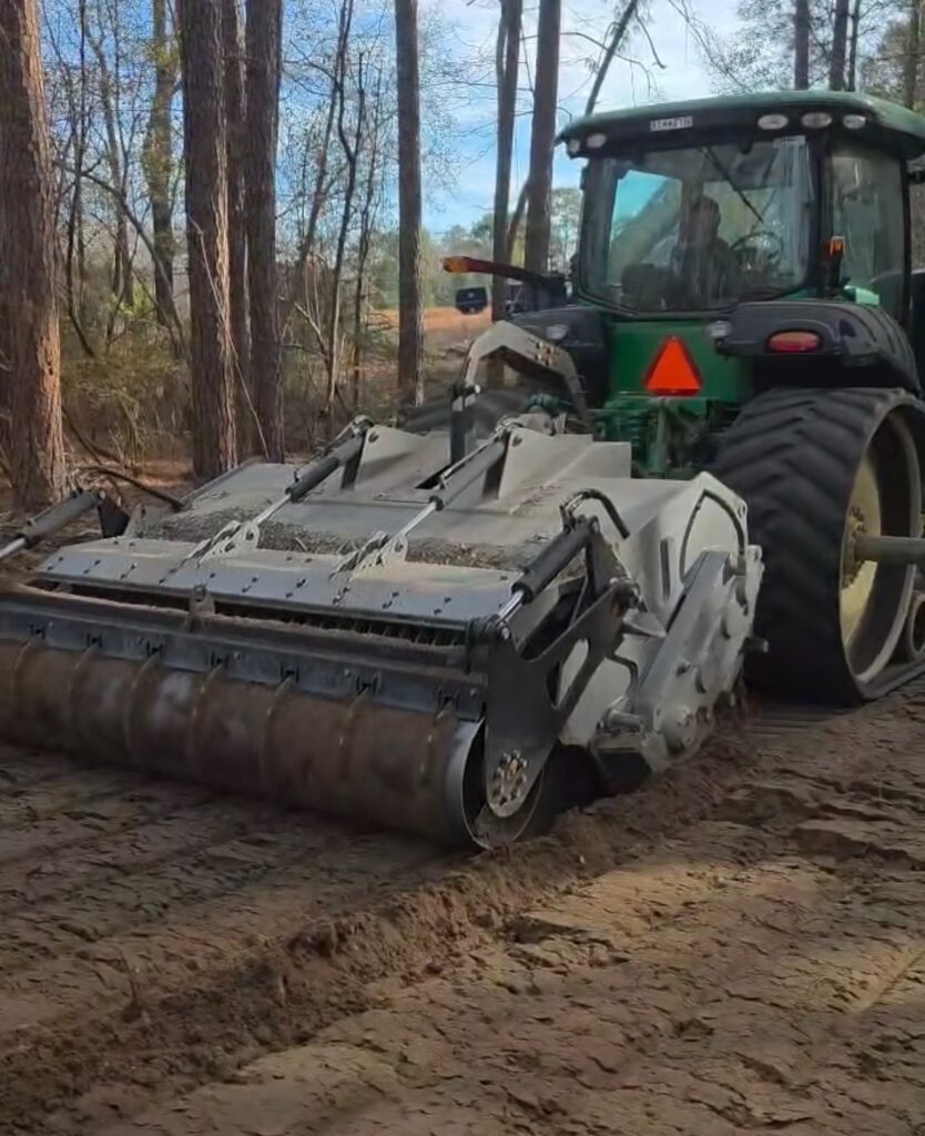 Tractor with forestry mulcher clearing soil in wooded area
