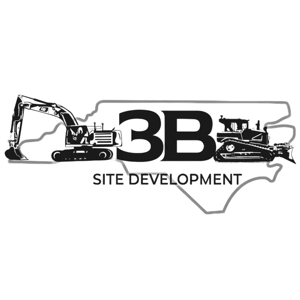 3B Site Development logo with excavator and bulldozer over state outline